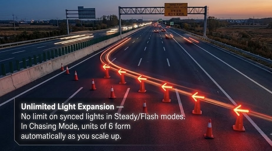Chasing LED arrow lights on traffic cones guiding merge direction on a night highway
