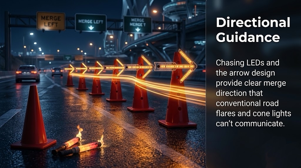 Synced LED arrow lights on traffic cones forming a chasing line along a highway lane closure at dusk