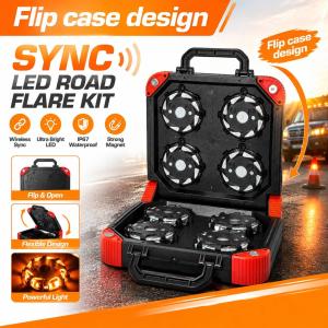 Flip Case LED Road Flare Kit with Up-Light & 360° Side Light, Auto On/Off