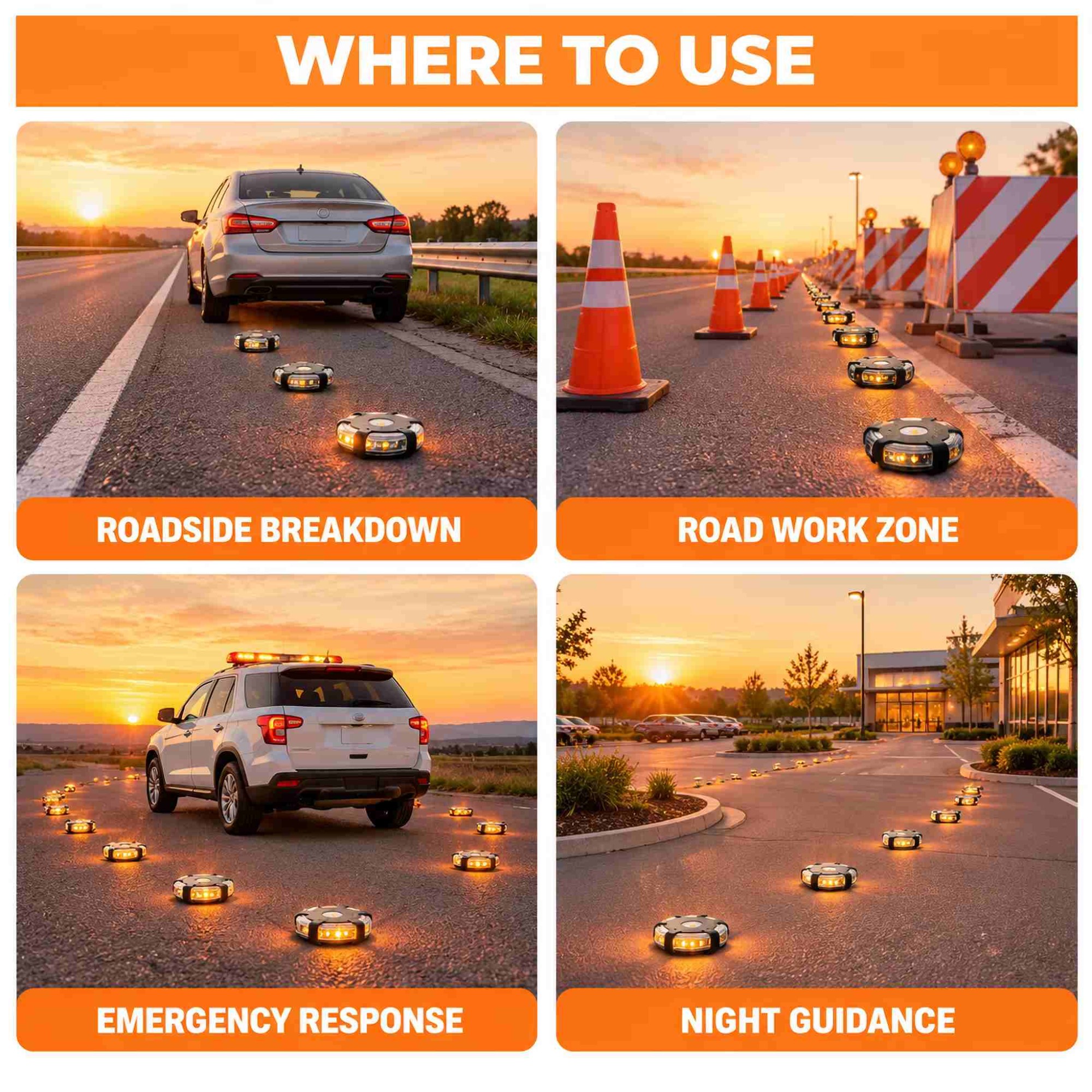 Flip Case LED Road Flare Kit with Up-Light & 360° Side Light, Auto On/Off